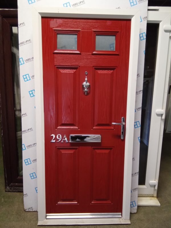 Used red composite front fire door 920mm x 2000mm 0242