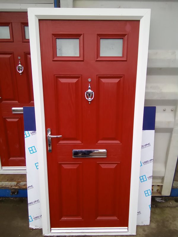 Used red composite front fire door 895mm x 1965mm C3D3