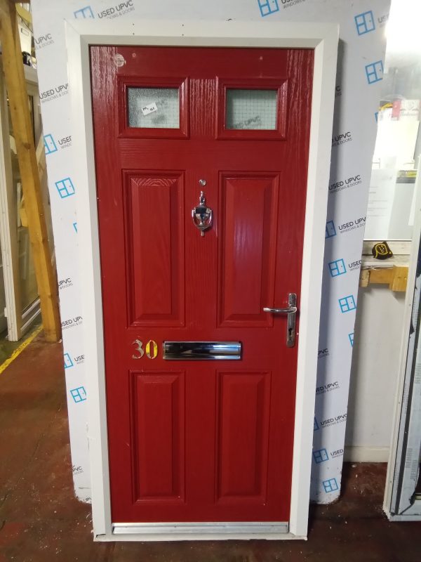 Used Red Composite Front Fire Door 895mm x 1960mm 0108