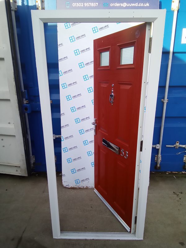 Used red composite front fire door 890mm x 1960mm C1D10 - Image 6