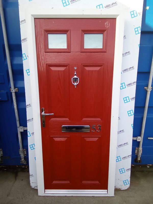 Used red composite front fire door 890mm x 1960mm C1D10