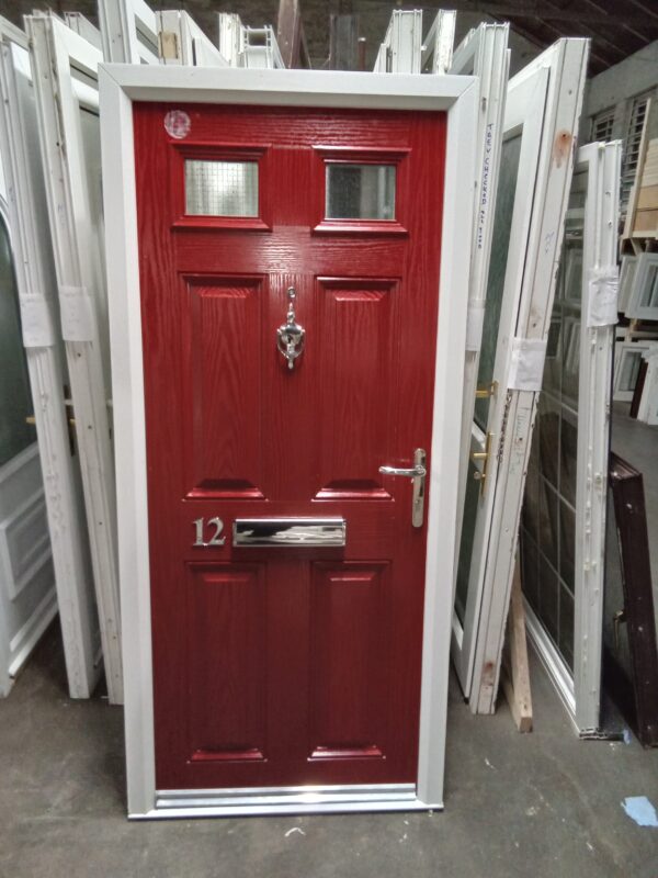 Used Red Composite Front Fire Door 900mm x 1965mm 0777