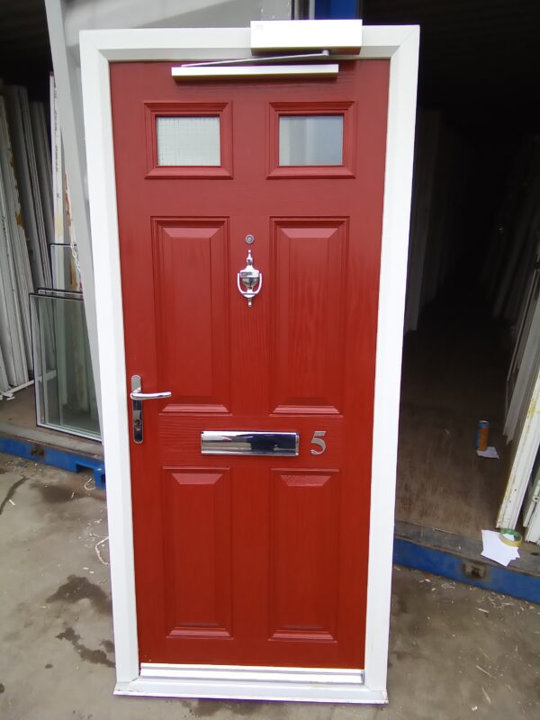 Used red composite front door 900mm x 1985mm C9D25