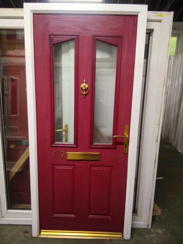 Used red composite front door 965mm x 2090mm 0367