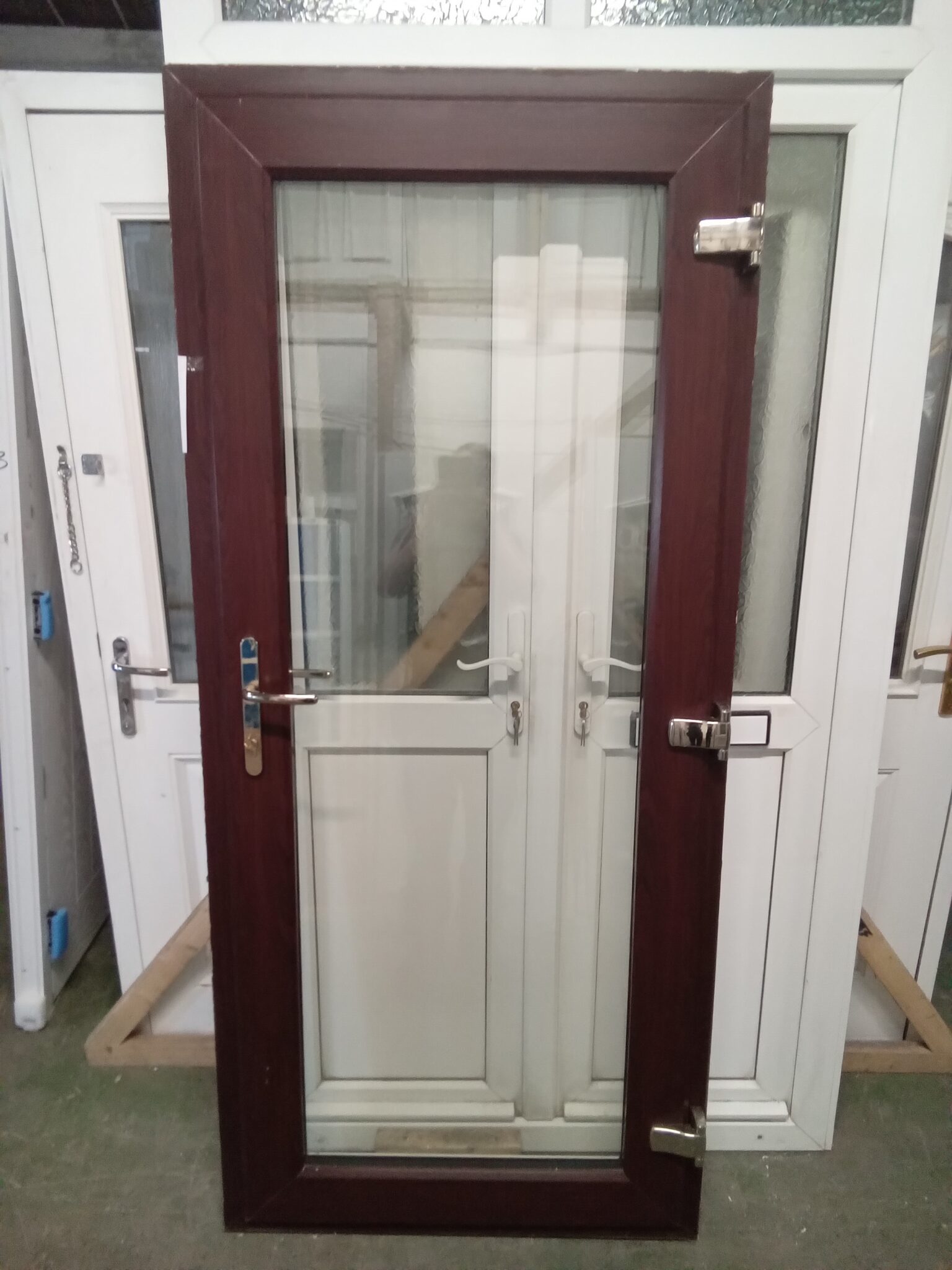 Used Rosewood Upvc Back Door OUTWARDS OPENING 915mm x 2035mm 0091