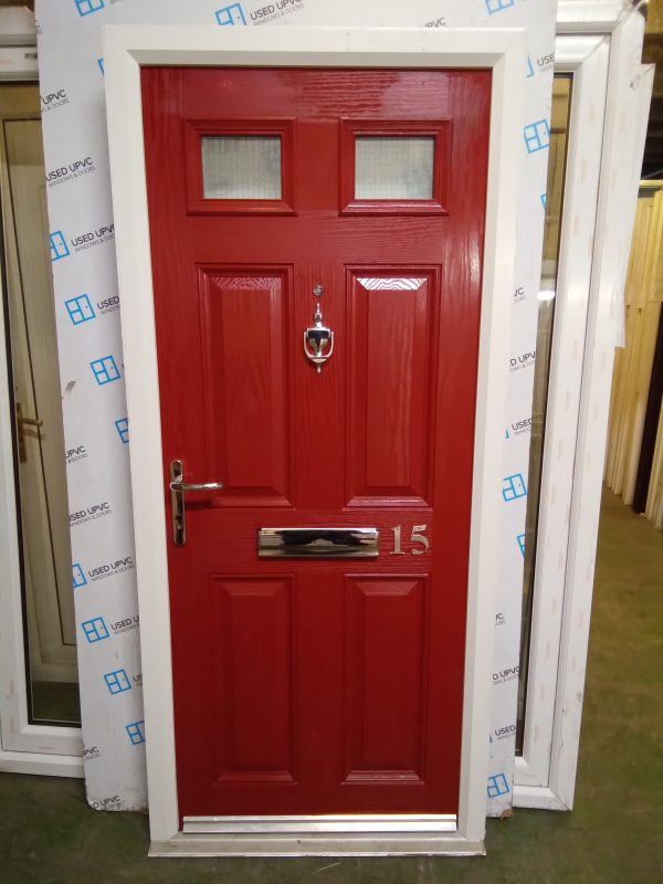 Used red and white composite front fire door 900mm x 1995mm 0344