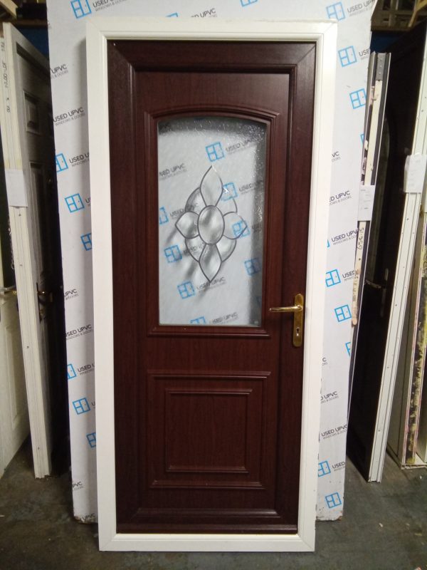 Used rosewood and white upvc back door 895mm x 2065mm 0303