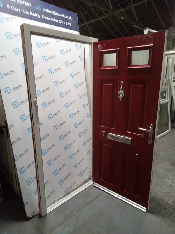Used red on white composite front fire door 905mm x 1950mm 0510 - Image 4