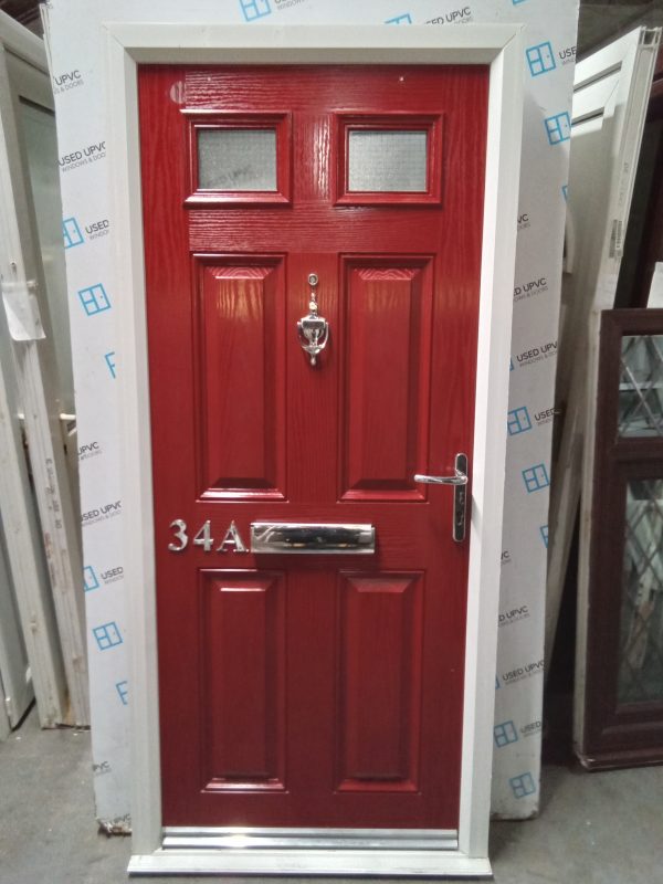 Used red on white composite front fire door 920mm x 1995mm 0257