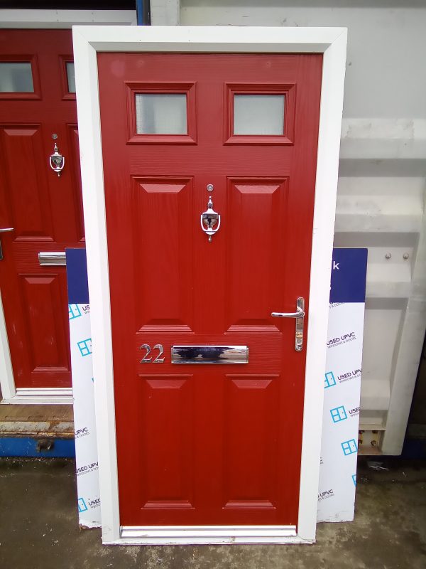Used red composite front door 900mm x 1960mm C8D54