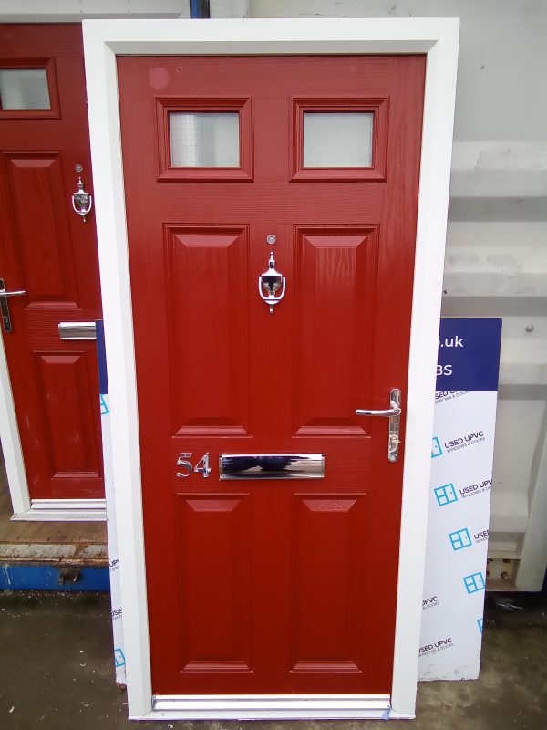Used red composite front door 900mm x 1965mm C8D55