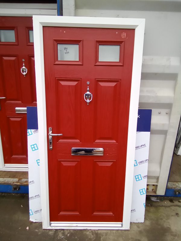 Used red composite front door 890mm x 1970mm C3D7