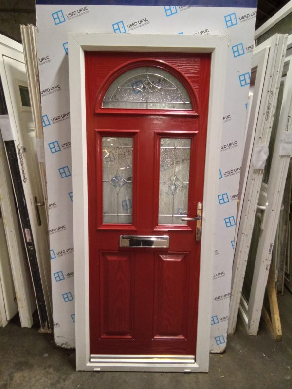 Used red composite front door 860mm x 2040mm 0223