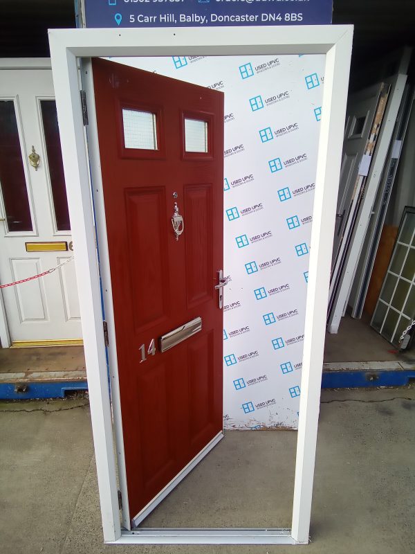 Used red composite front fire door 885mm x 1965mm C1D25 - Image 6