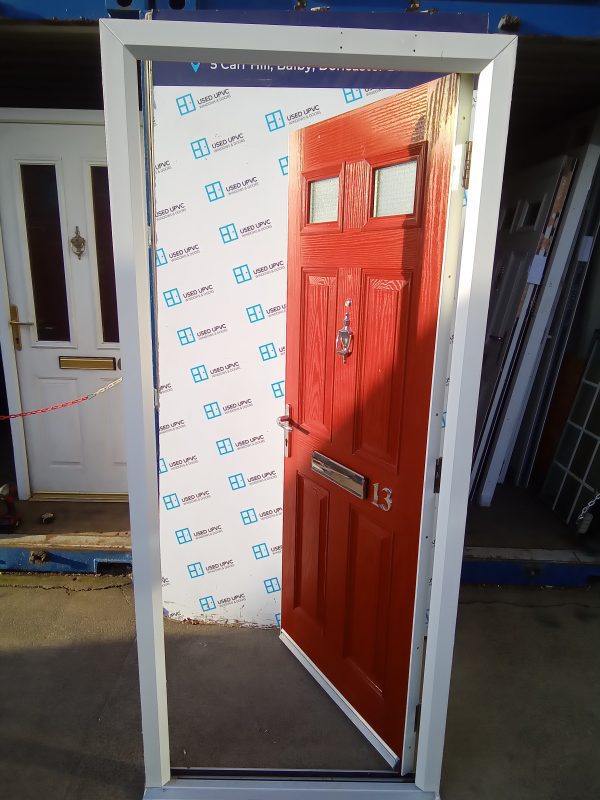 Used red composite front fire door 895mm x 2070mm C1D26 - Image 6